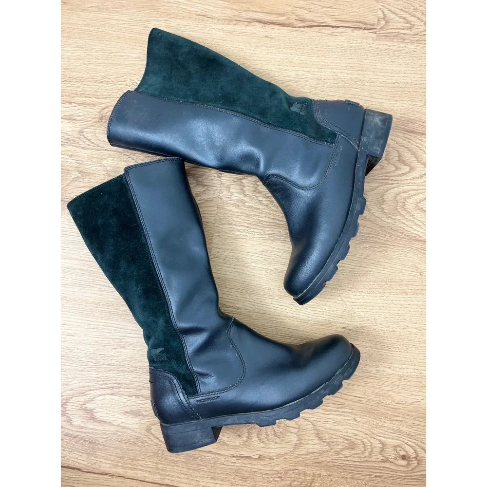 Sorel Gorpcore Emelie Tall Waterproof Boot Kids 3 Black Leather Suede NY1943-010